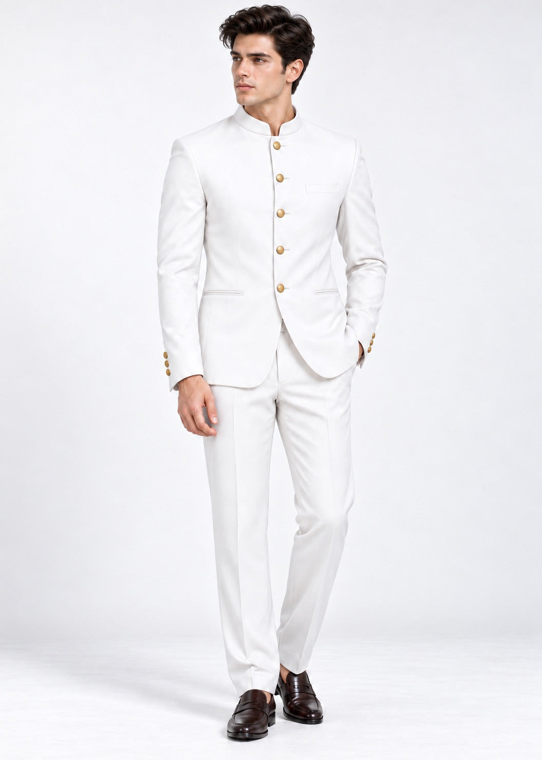 Off White Bandhgala Jodhpuri Suit for Men with Gold Buttons