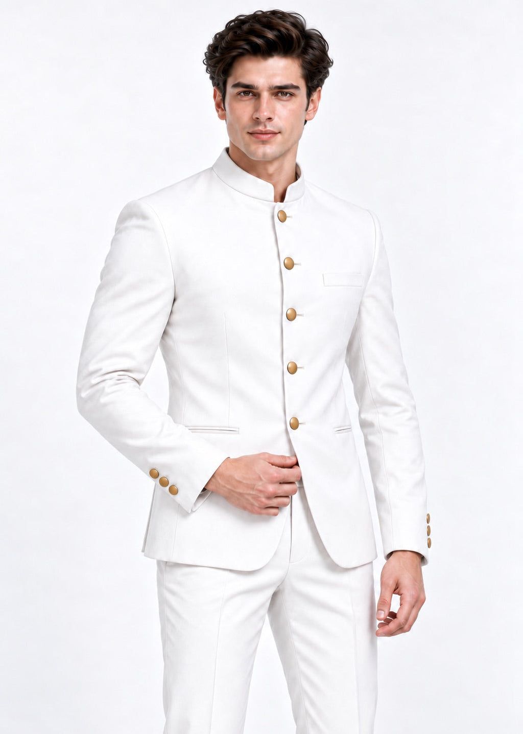Off White Bandhgala Jodhpuri Suit for Men with Gold Buttons