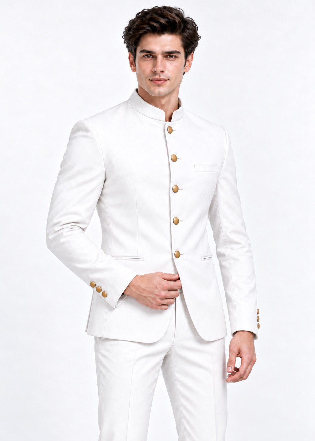 Off White Bandhgala Jodhpuri Suit for Men with Gold Buttons