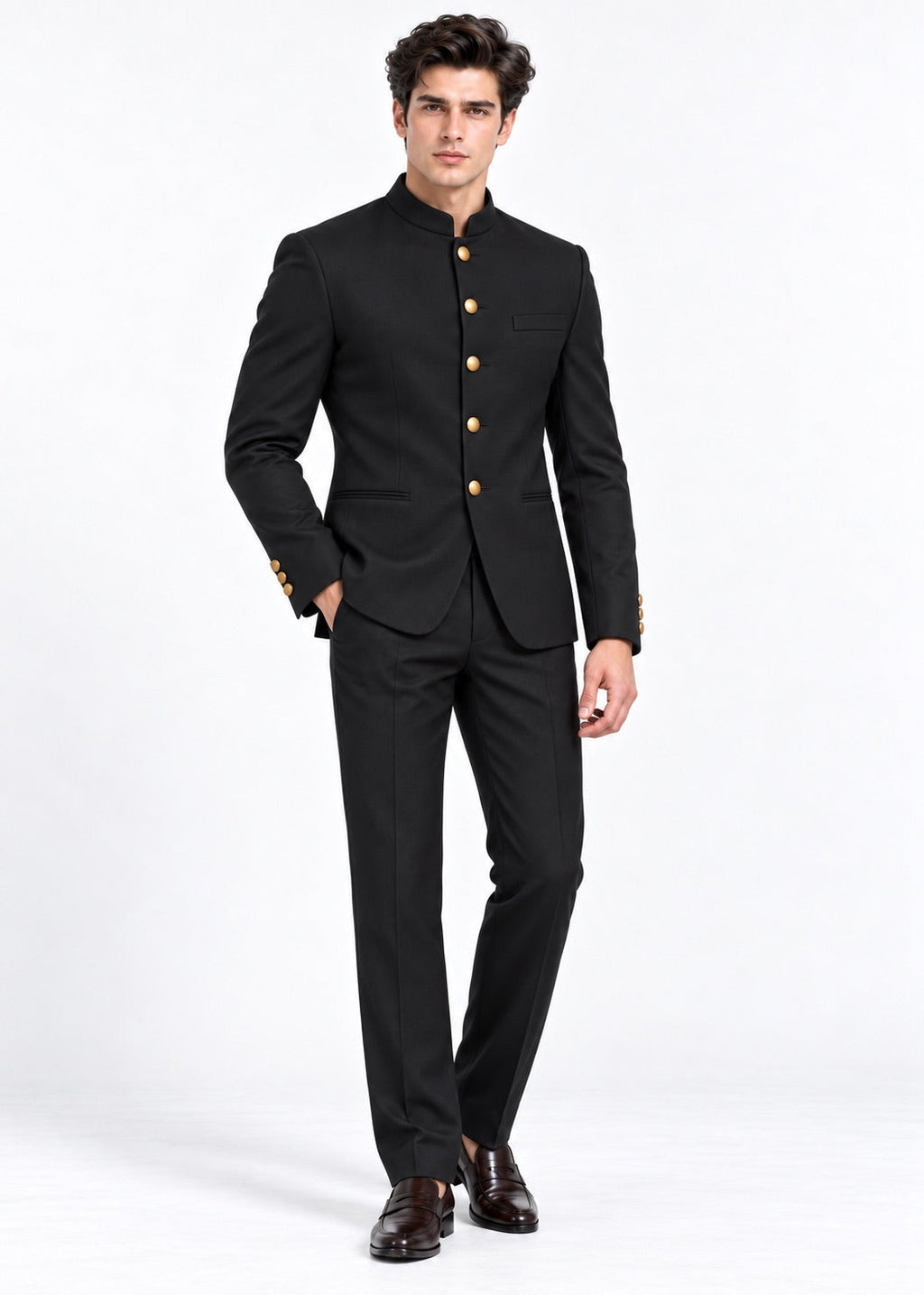 Classic Black Jodhpuri Suit with Gold Buttons