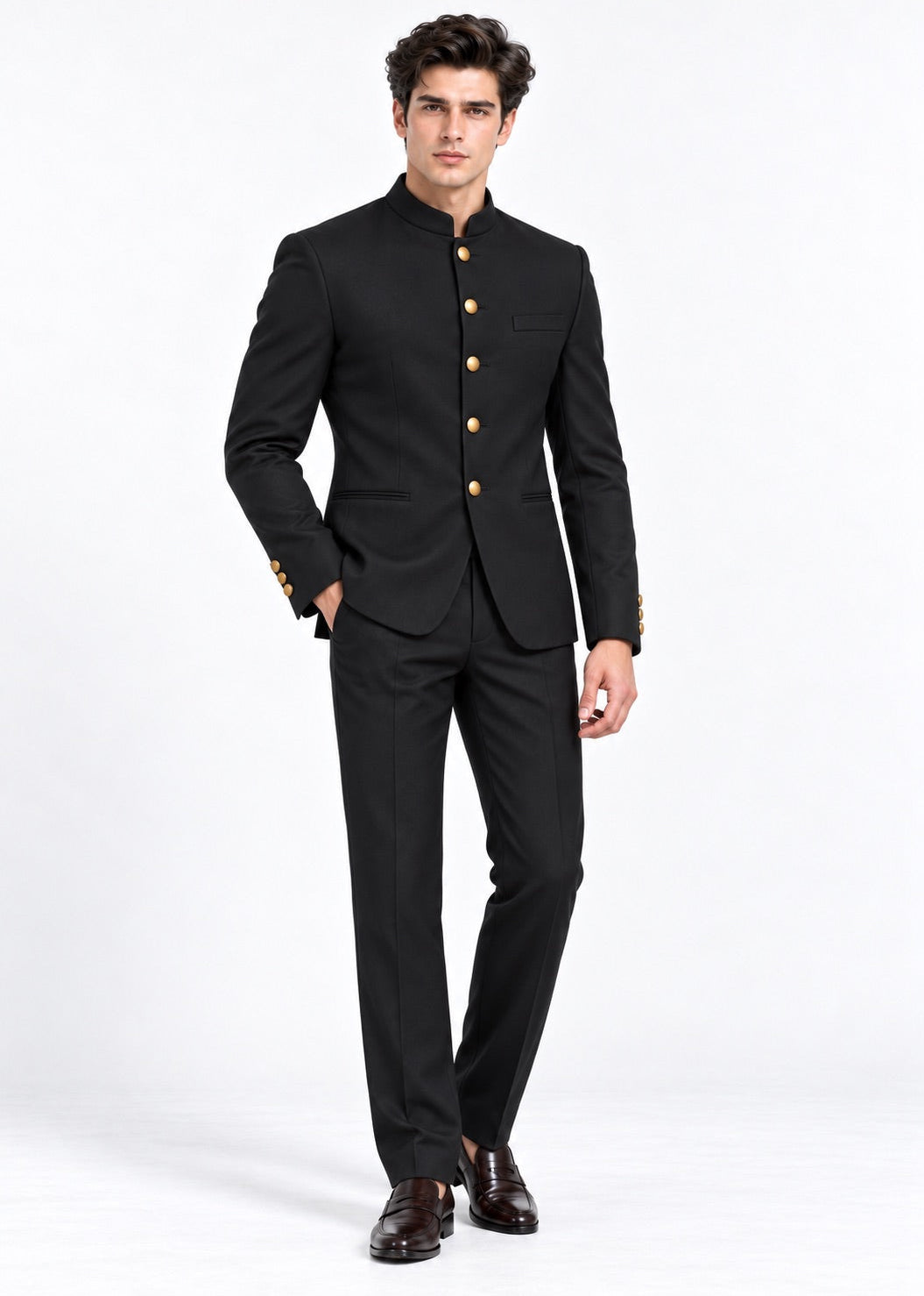 Classic Black Jodhpuri Suit with Gold Buttons