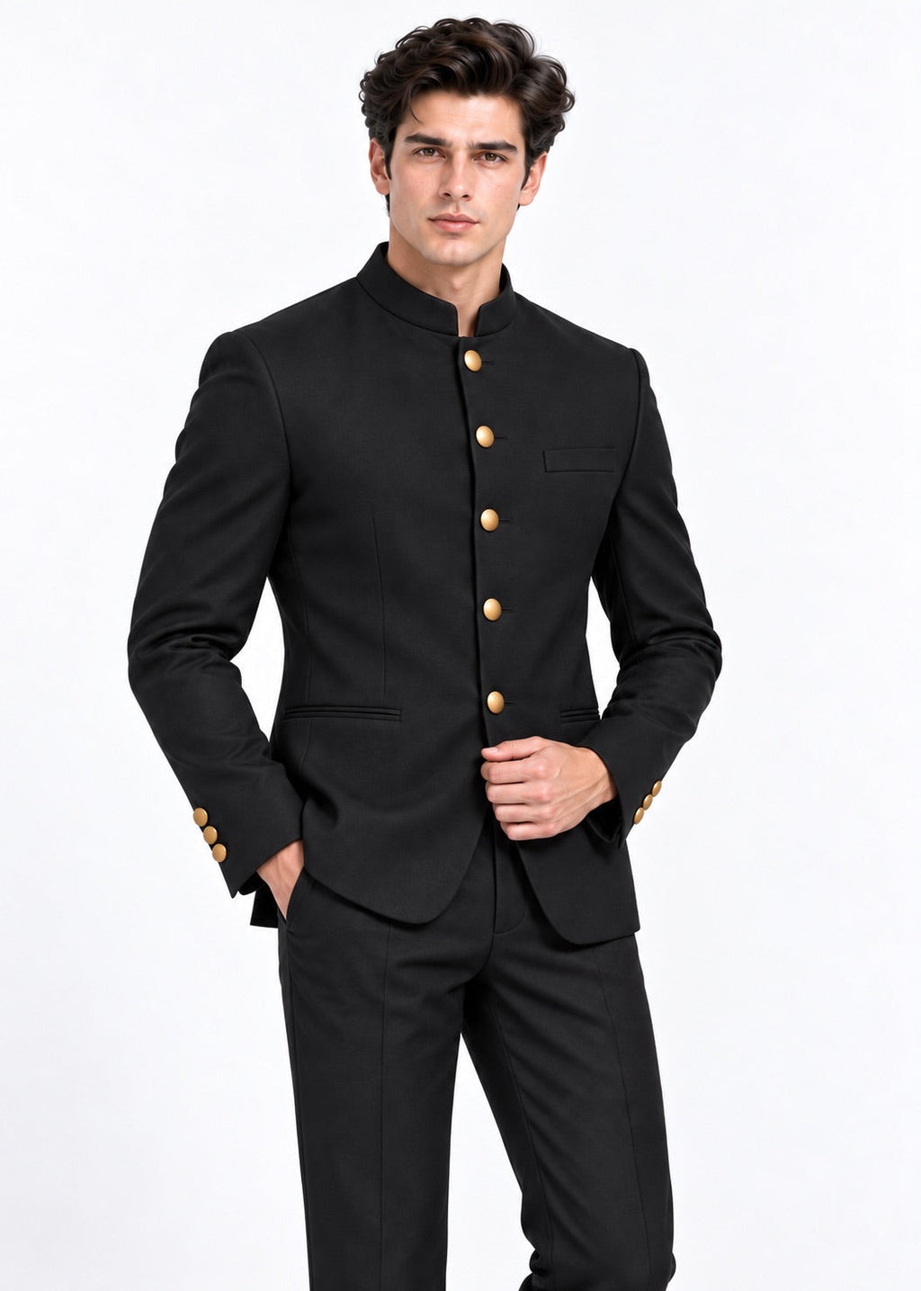 Classic Black Jodhpuri Suit with Gold Buttons