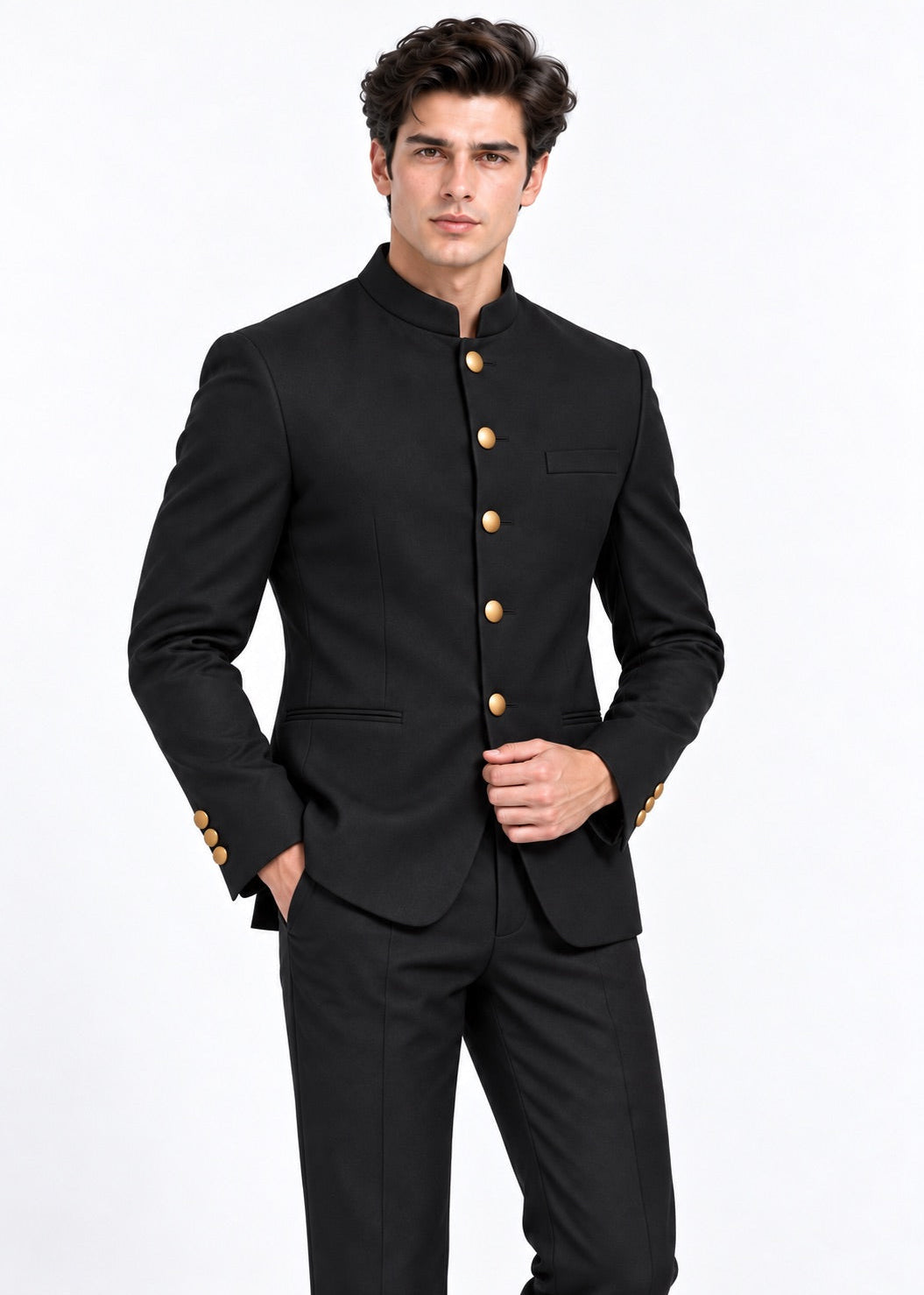 Classic Black Jodhpuri Suit with Gold Buttons