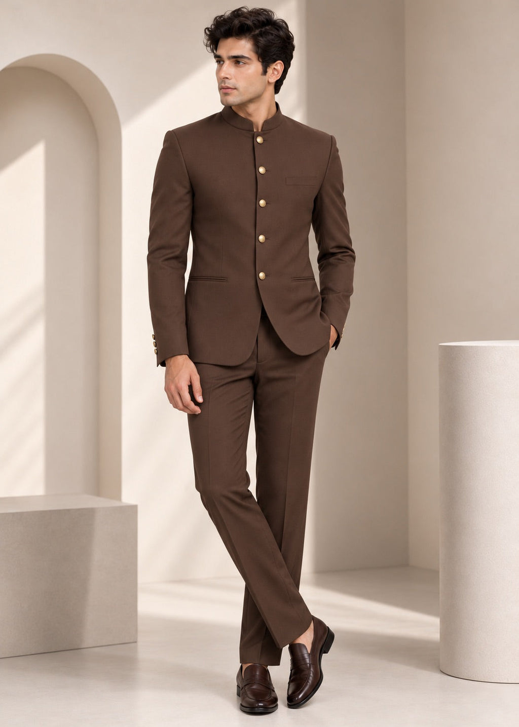 Classic Brown Bandhgala Suit with Gold Buttons