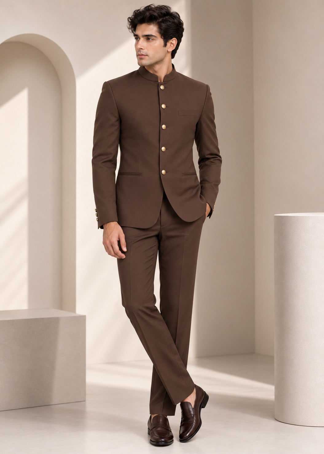 Classic Brown Bandhgala Suit with Gold Buttons