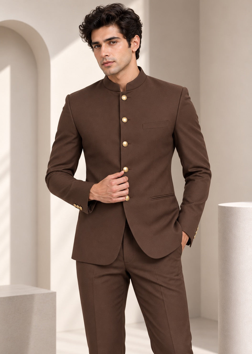 Classic Brown Bandhgala Suit with Gold Buttons