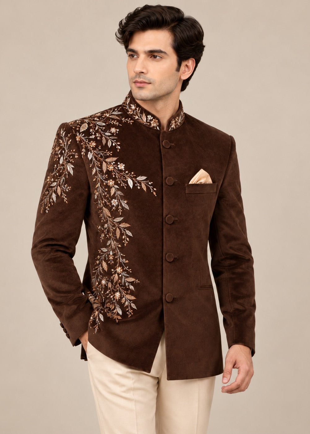 Brown Velvet Hand Embroidered Bandhgala Suit