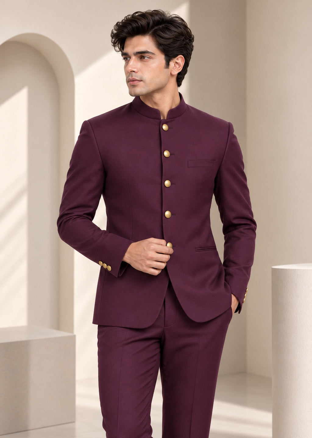 Classic Wine Jodhpuri with Gold Buttons