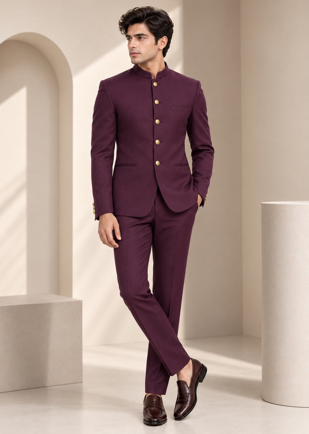 Classic Wine Jodhpuri with Gold Buttons