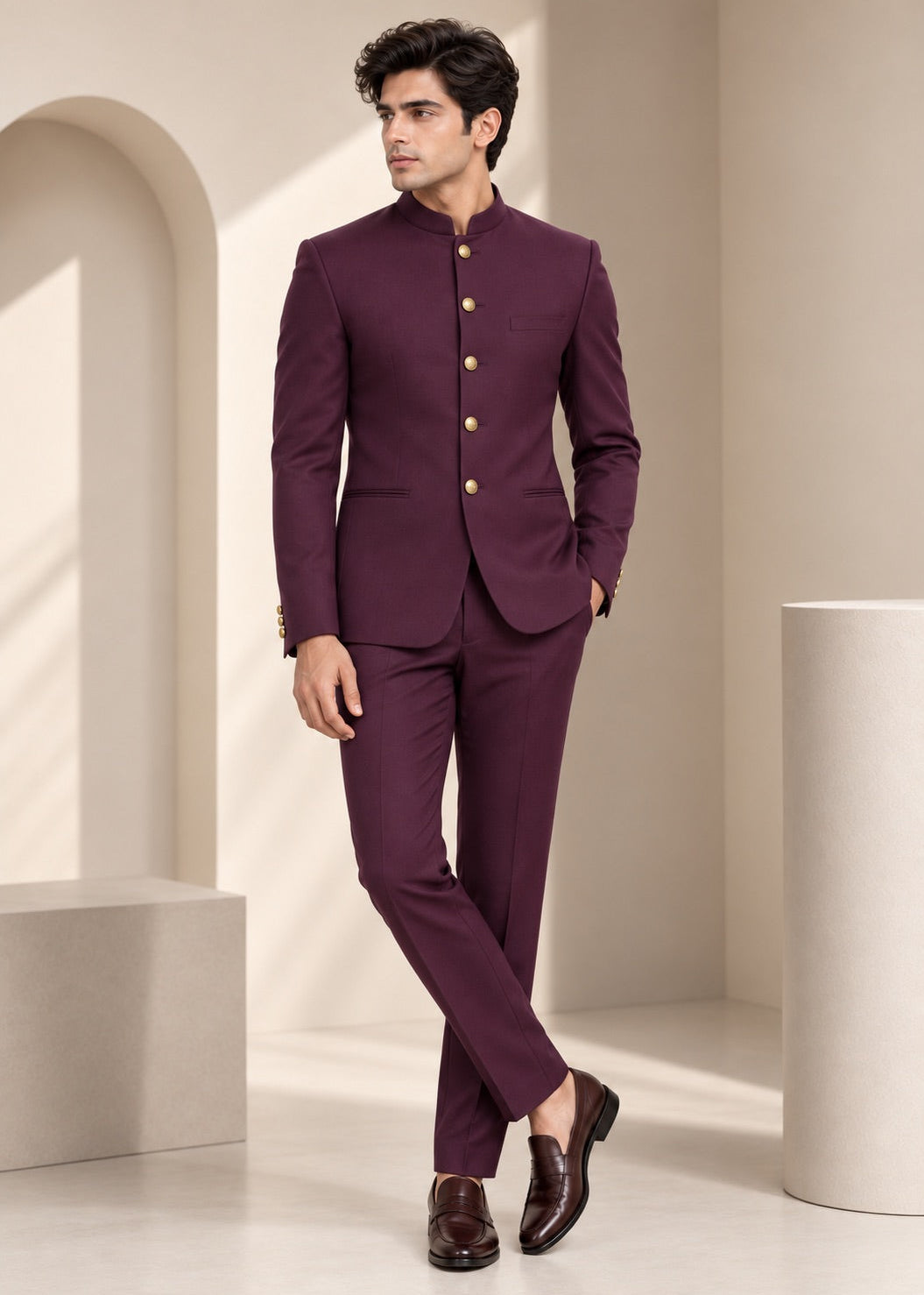 Classic Wine Jodhpuri with Gold Buttons