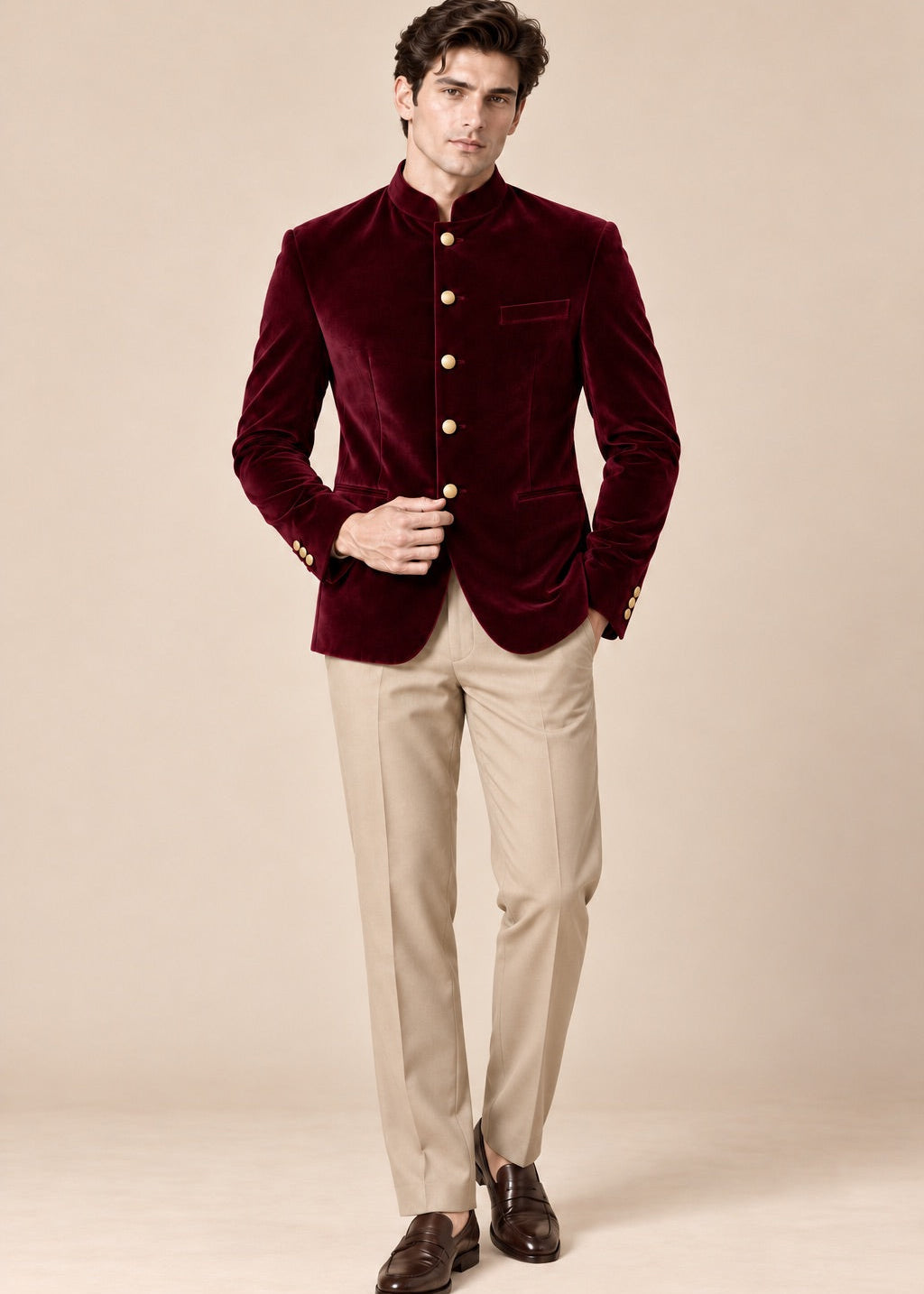 Maroon Velvet Jodhpuri with Gold Buttons