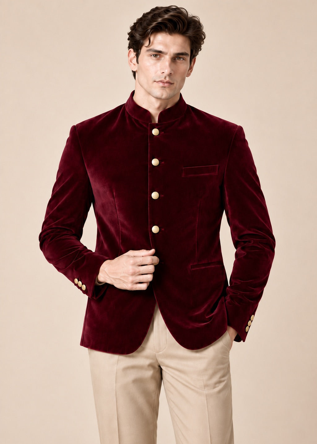 Maroon Velvet Jodhpuri with Gold Buttons