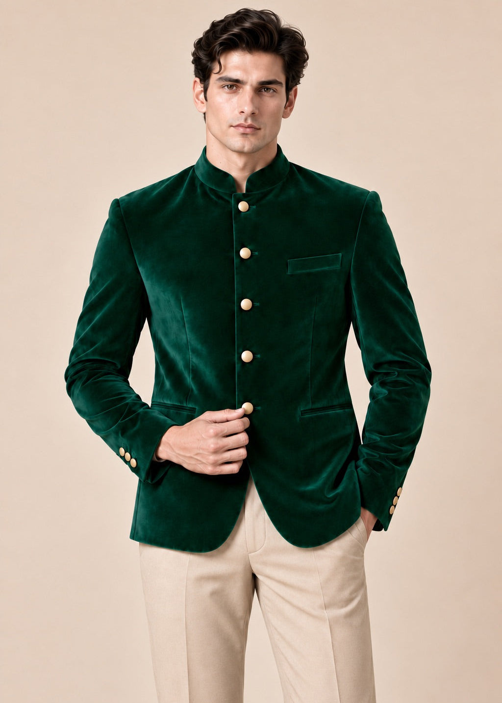Emerald Green Velvet Jodhpuri with Gold Buttons