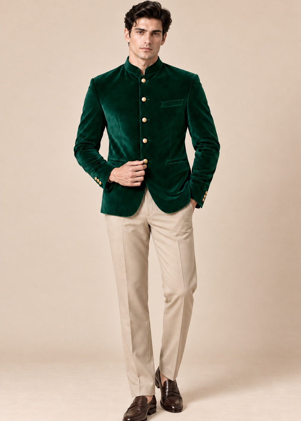 Emerald Green Velvet Jodhpuri with Gold Buttons