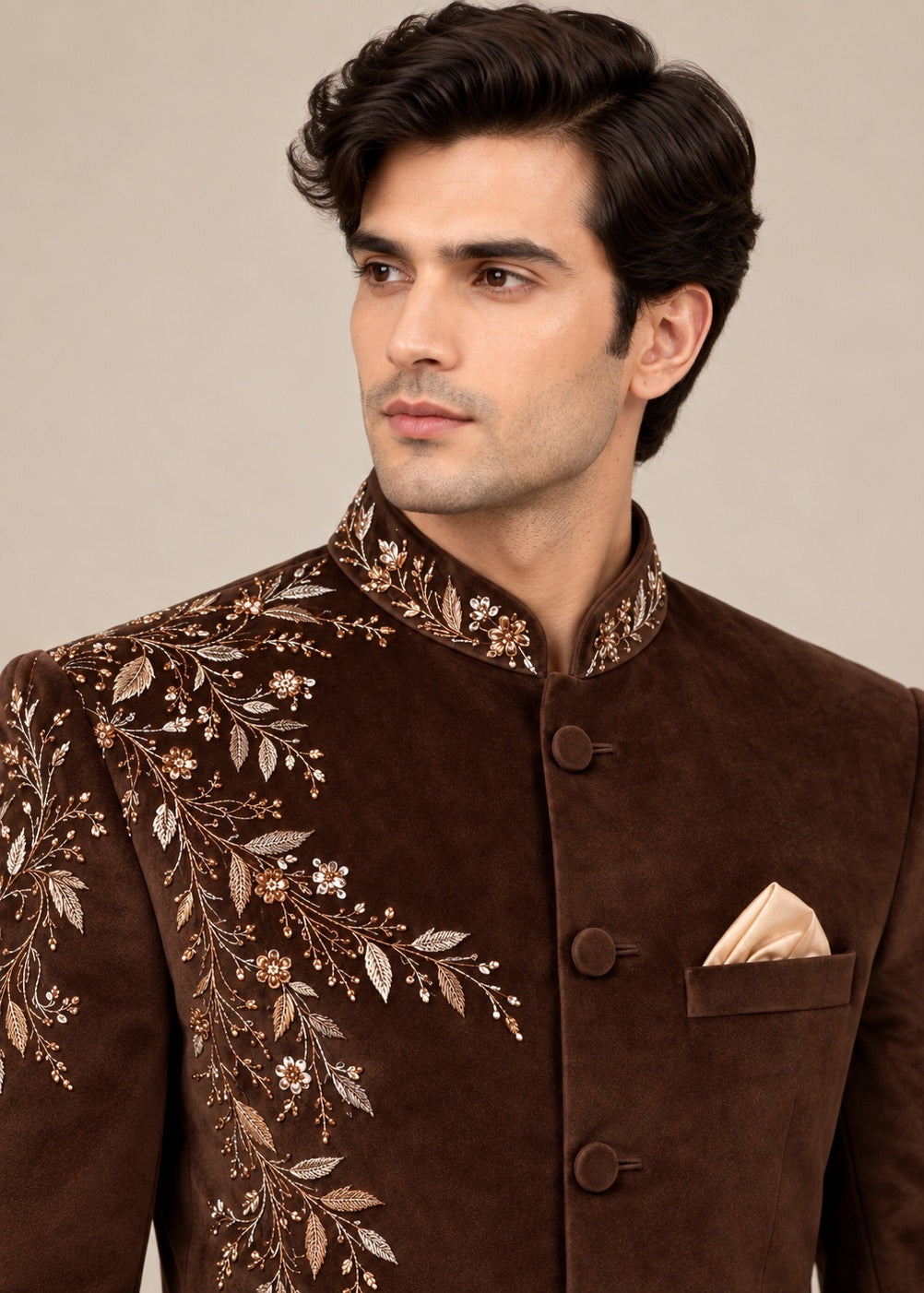 Brown Velvet Hand Embroidered Bandhgala Suit