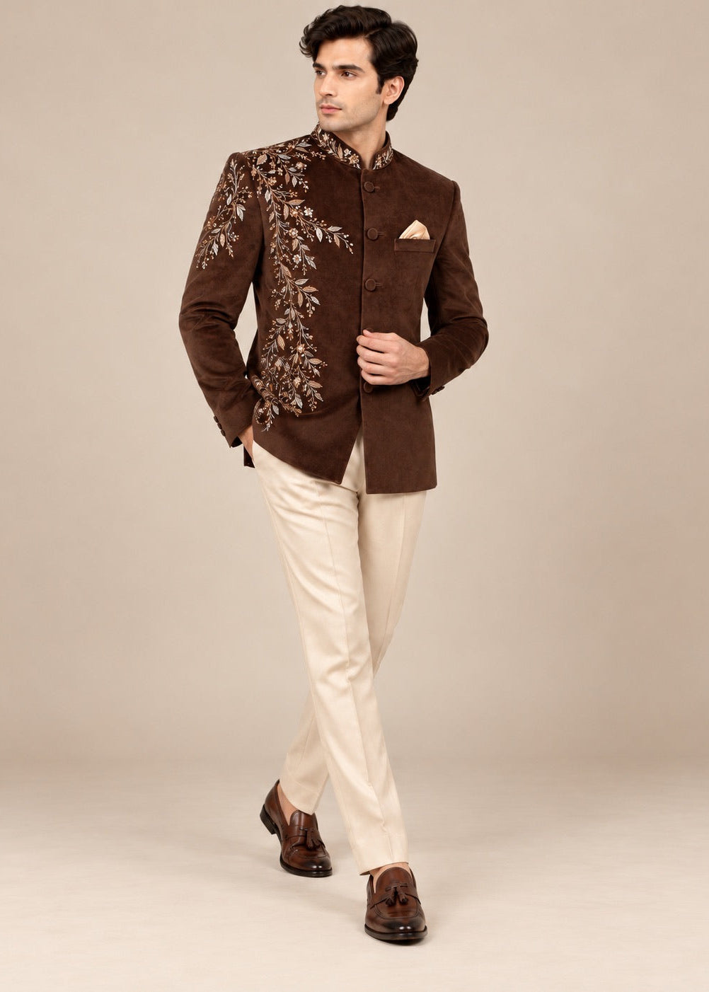 Brown Velvet Hand Embroidered Bandhgala Suit