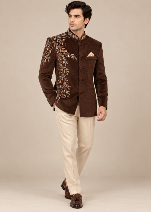 Brown Velvet Hand Embroidered Bandhgala Suit