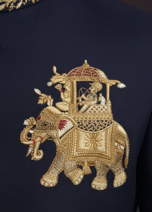 Navy Elephant Embroidered Bandhgala Suit