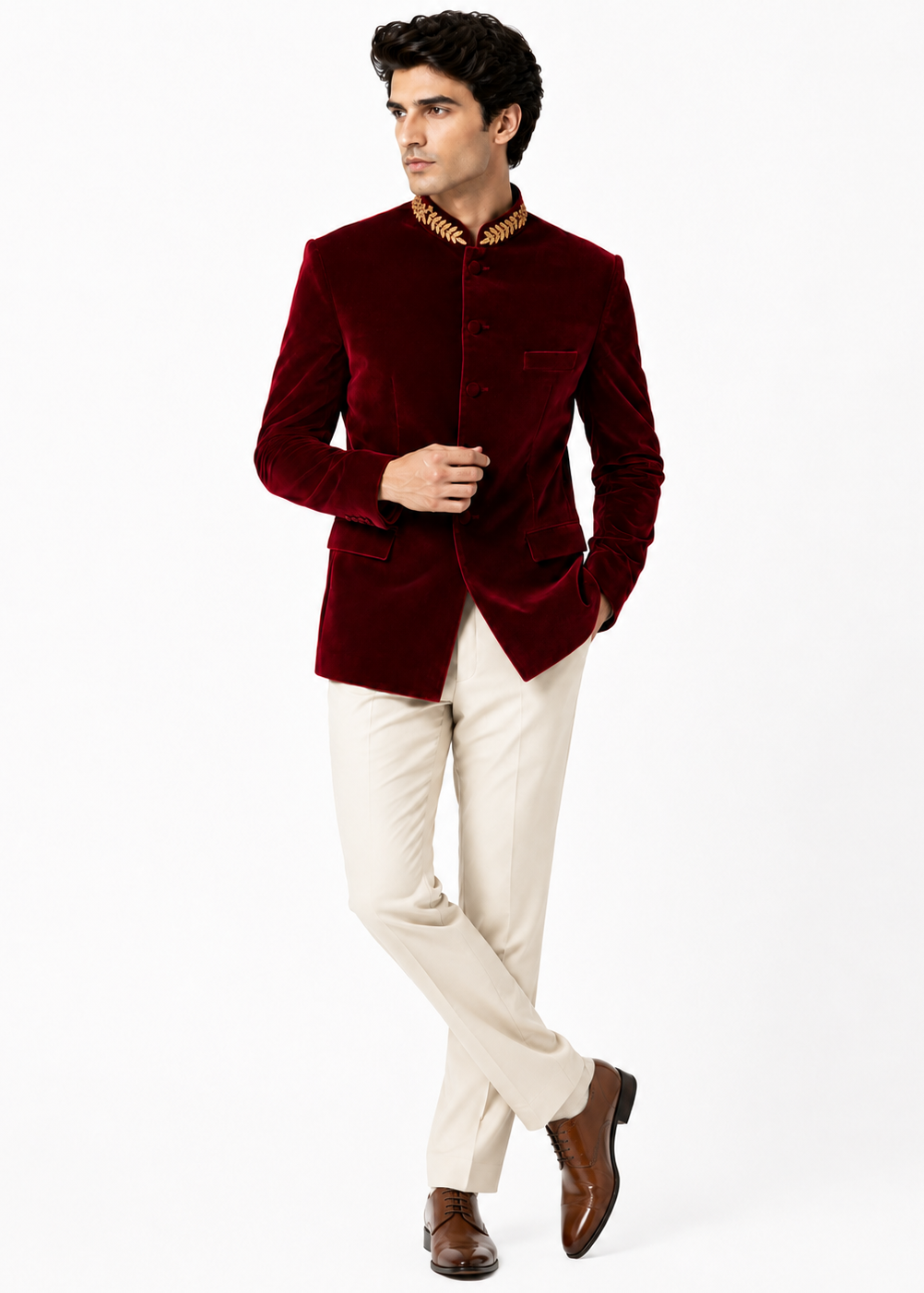 Burgundy Velvet Collar Embroidered Jodhpuri