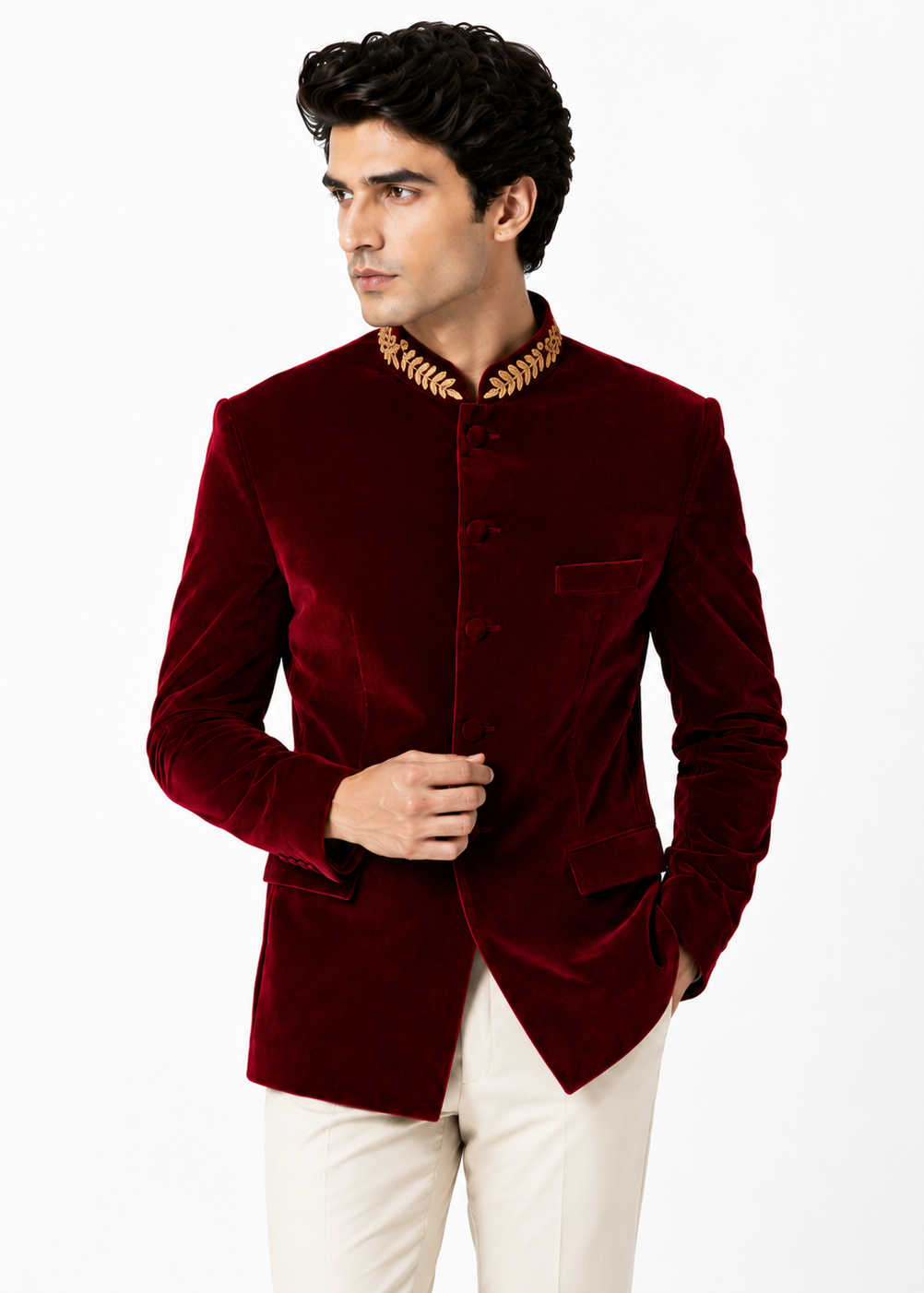 Burgundy Velvet Collar Embroidered Jodhpuri