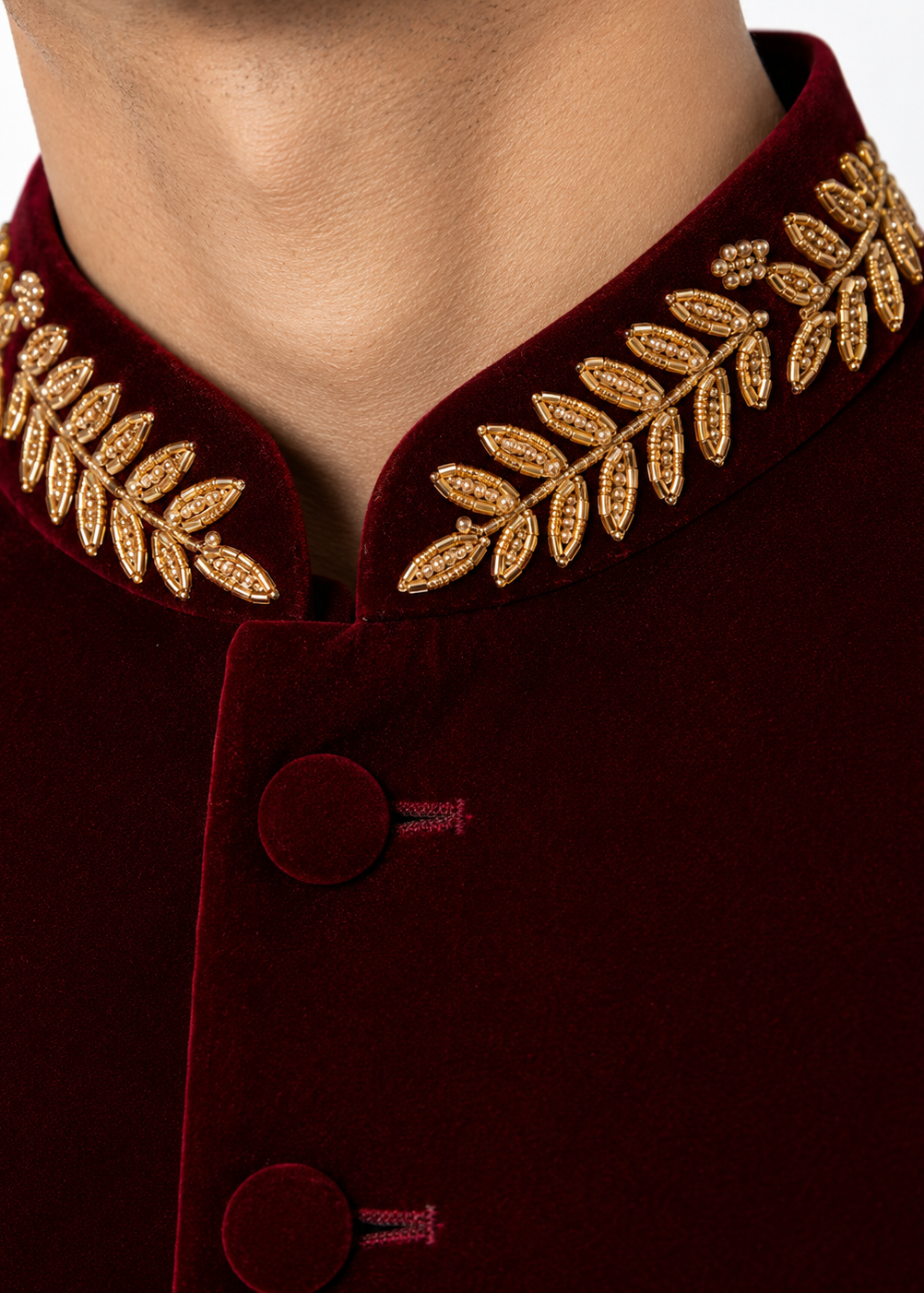 Burgundy Velvet Collar Embroidered Jodhpuri