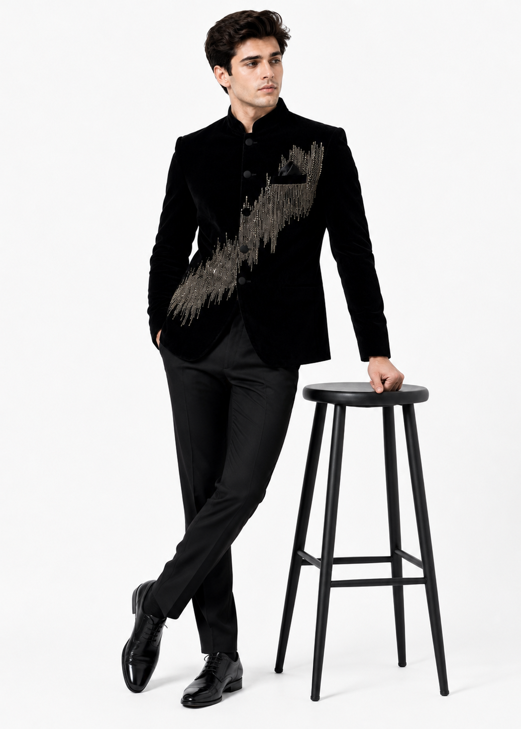 Black Velvet Metallic Embroidered Bandhgala