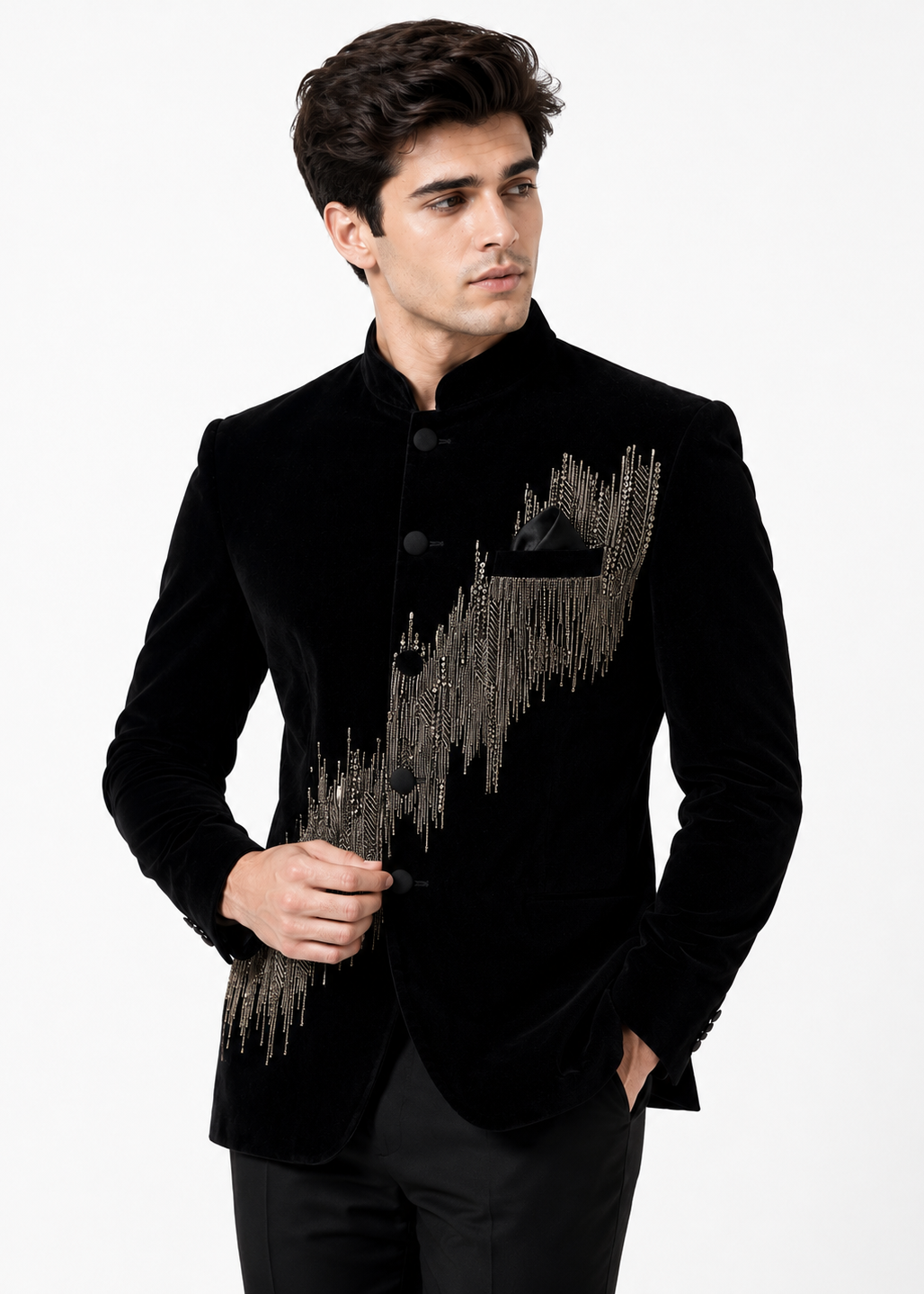 Black Velvet Metallic Embroidered Bandhgala