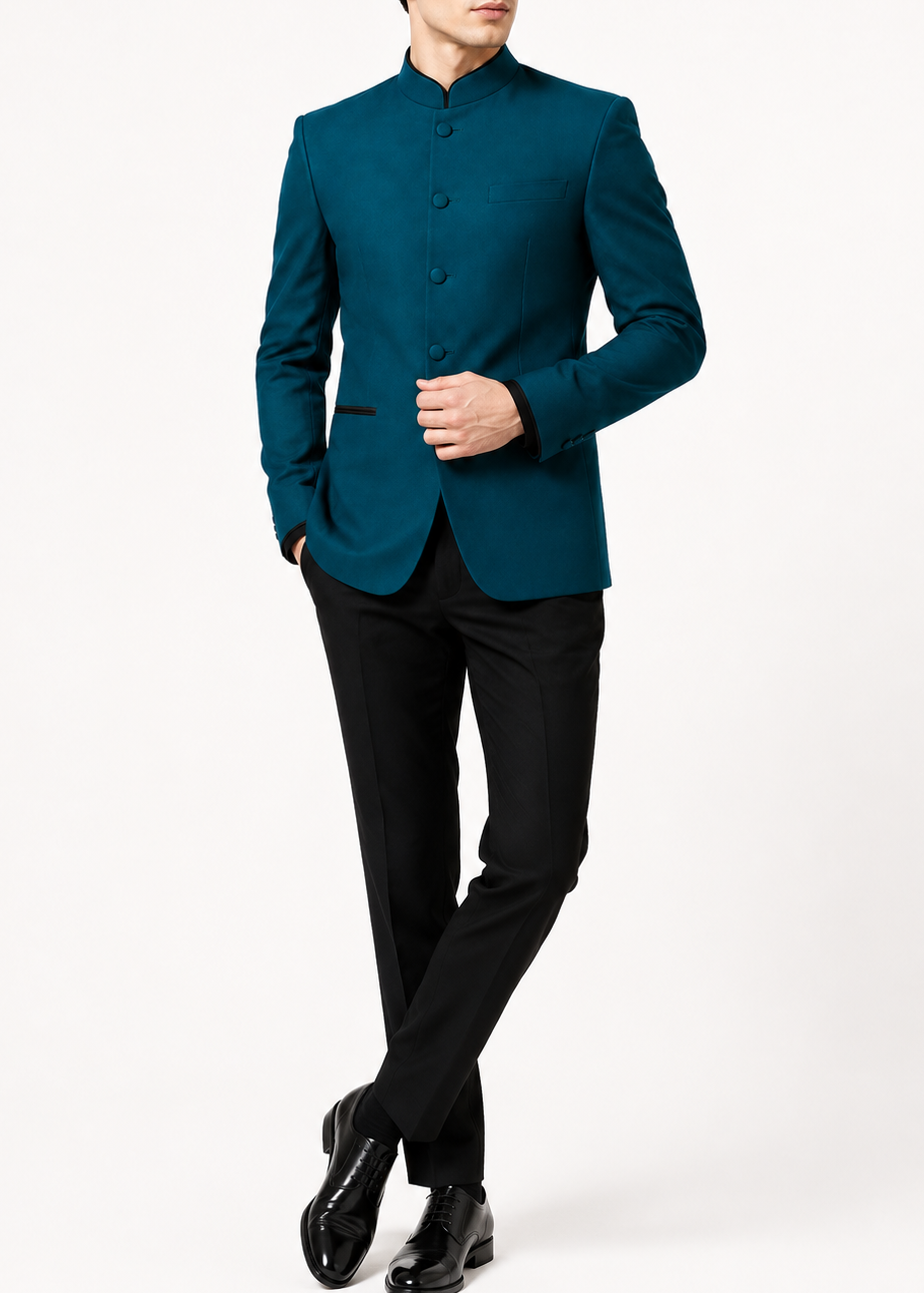 Teal Blue Solid Bandhgala