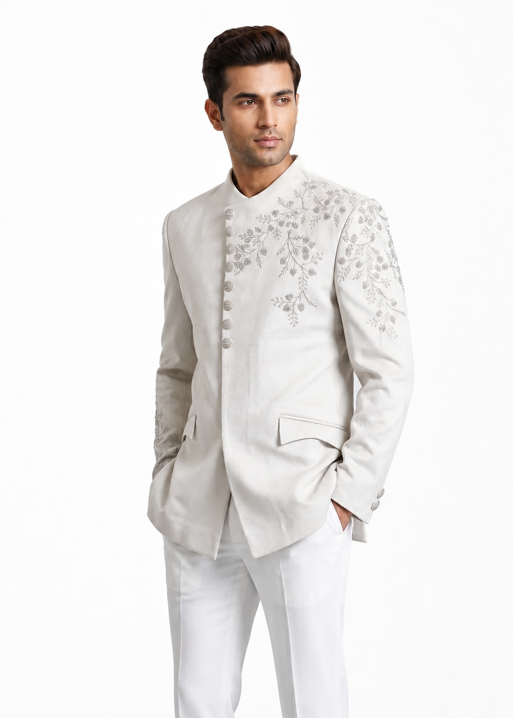 White Embroidered Velvet Bandhgala